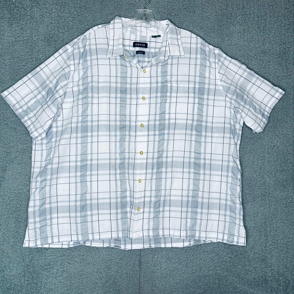 Orvis Mens XXL Classic Fit Short Sleeve Plaid Button Down Shirt White Blue Grey